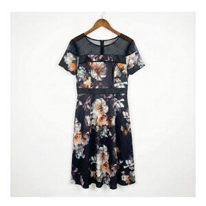SLNY Black Floral A-Line Dress Size 14 Mesh Yoke Short Sleeve Midi